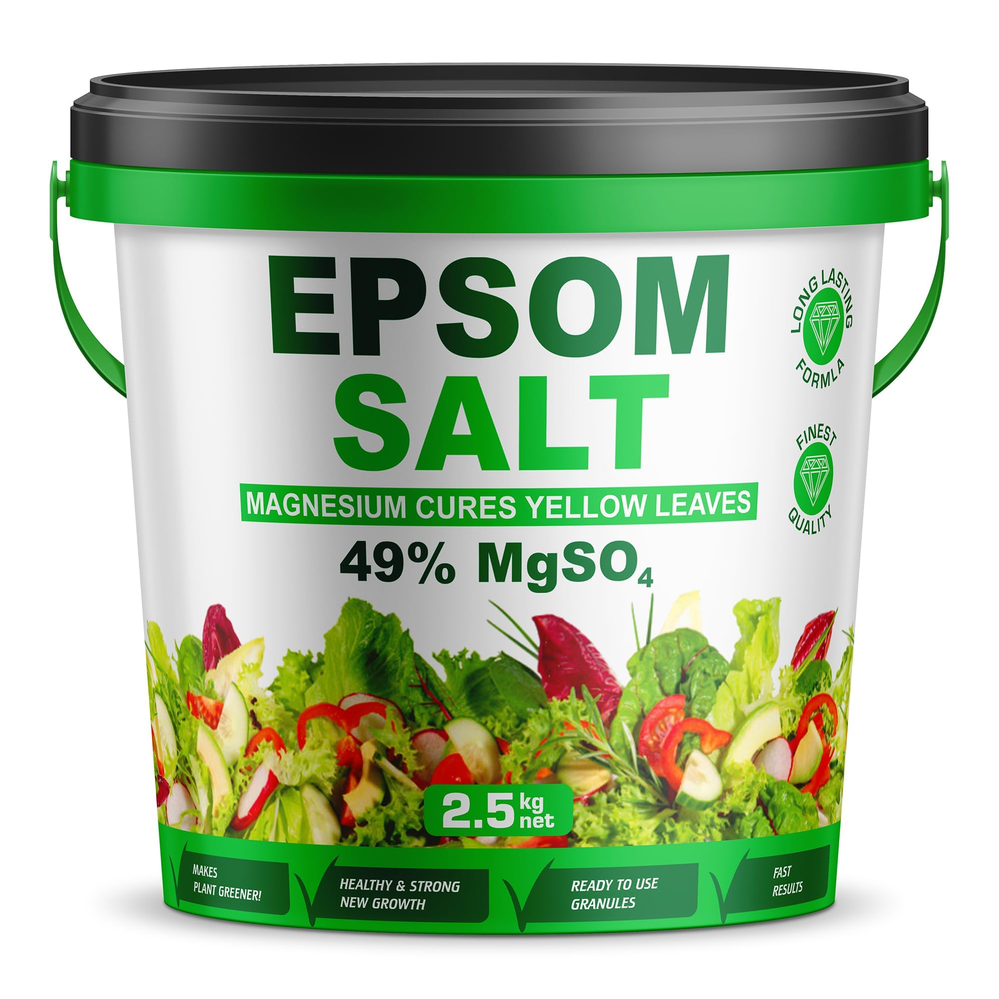 Epsom Salt Bucket for Plants, 49% MgSO4, Magnesium Cure for Yellow Leaves, Ready-to-Use Granules Garden Plant Growth, Lawn Care Magnesium Sulphate Fertiliser by Pure Source Nutrition (2.5KG)