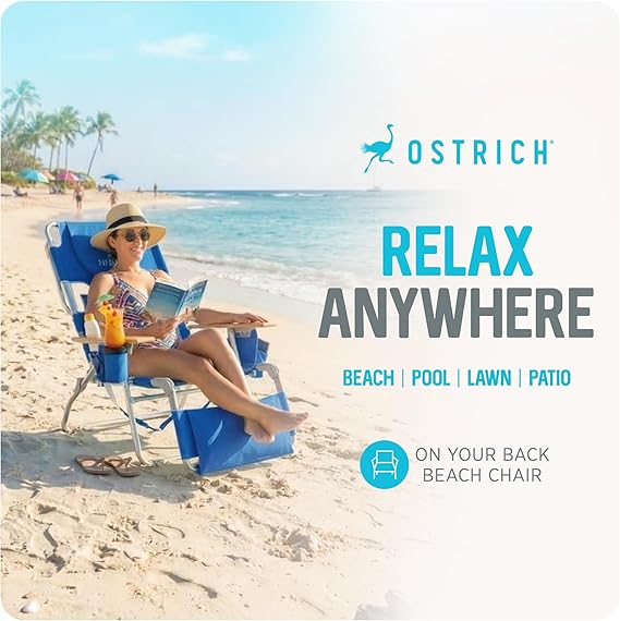 Ostrich the Deluxe 3N1 Lightweight Lawn Beach Reclining Lounge Chair with Footrest, Outdoor Furniture for Patio, Balcony, Backyard, or Porch, Blue