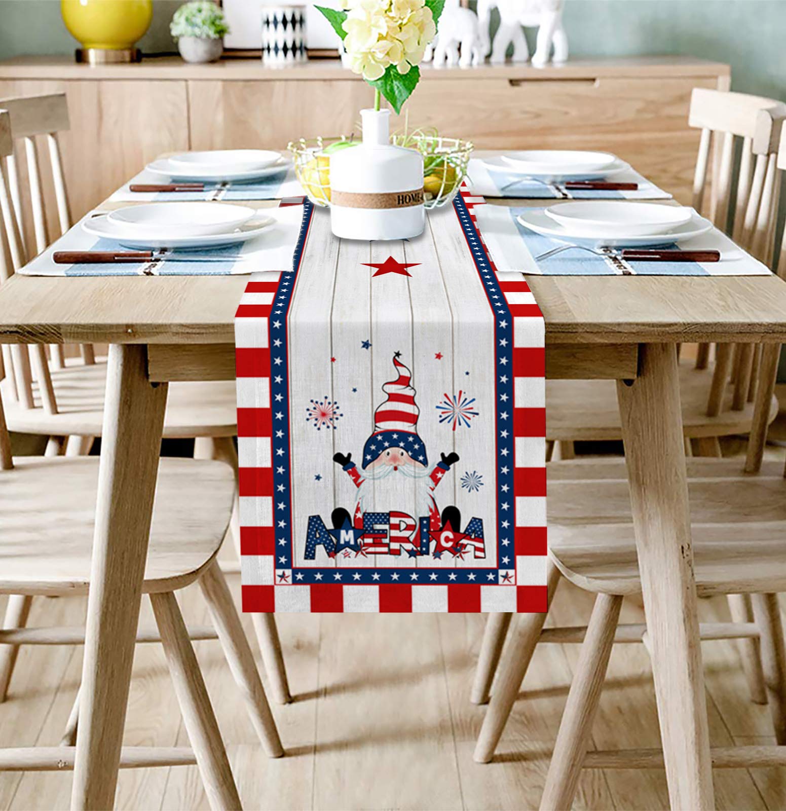 Patriotic Table Runner With Gnomes & Stars – 4th Of July, Memorial Day Home Decor