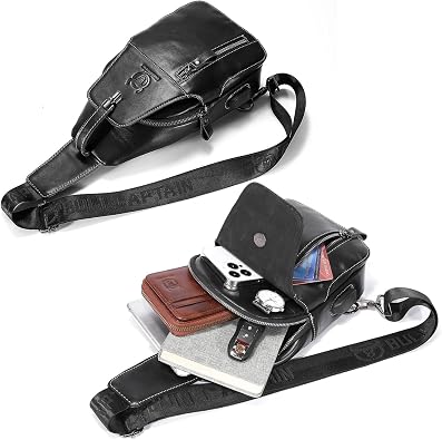 Genuine Leather Sling Bag Mens Crossbody Backpack Hiking Casual Daypack Shoulder Chest Bag with USB Charging Port