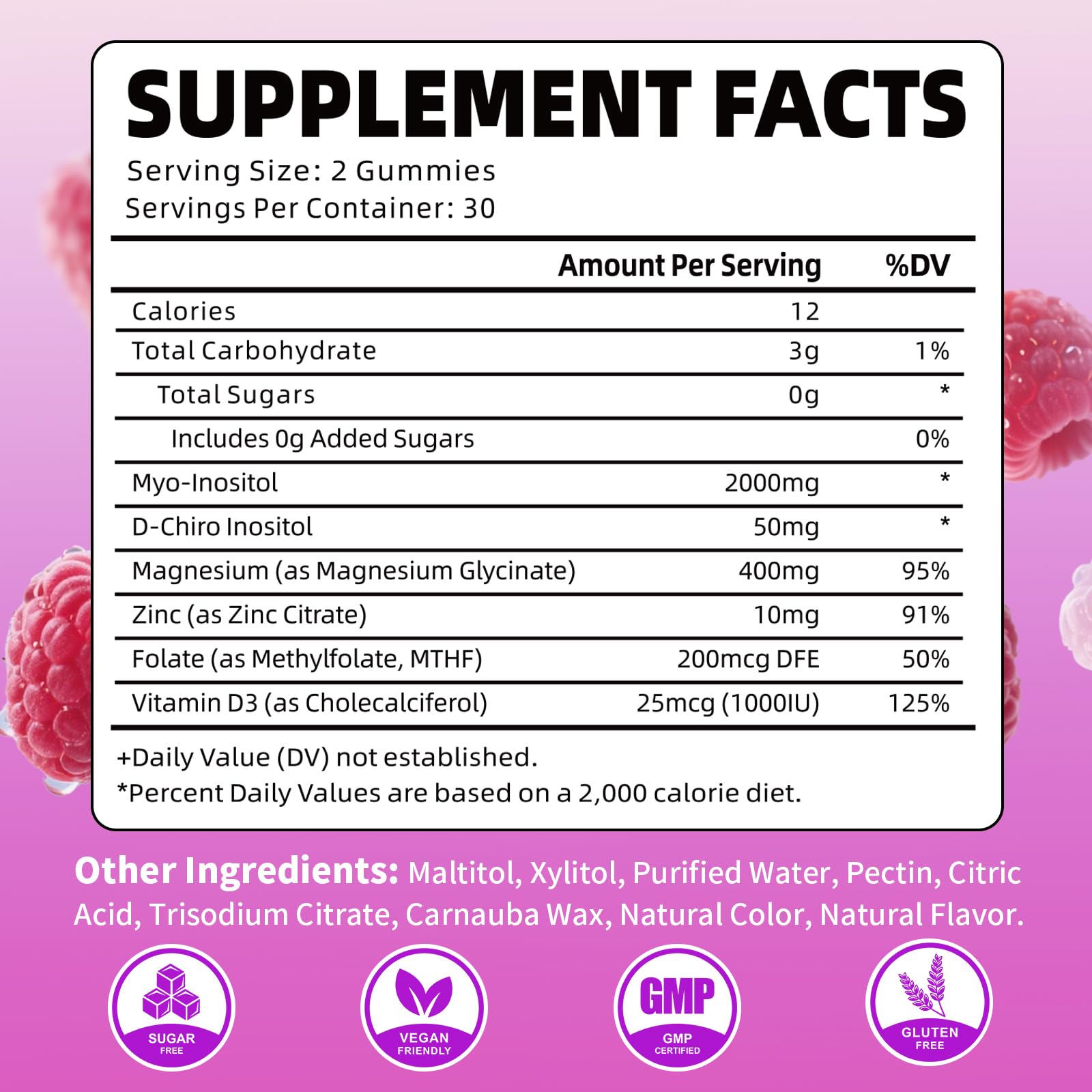 Pack of 2 Myo-Inositol & D-Chiro Inositol Gummies, 40:1 Ratio Inositol Supplement with Vitamin D3, Magnesium Glycinate, Folate & Zinc, for Female Health & Wellness, Raspberry Flavor, 120 Count — Amazon image 2