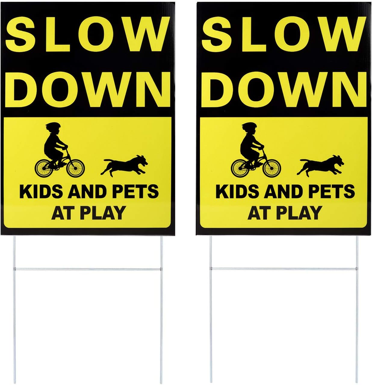 Kichwit Slow Down Kids and Pets at Play Yard Signs with Metal Stakes, 16 x 12 Inches/25.7 Inch High, 2 Pack Double Sided Children at Play Safety Signs for Street
