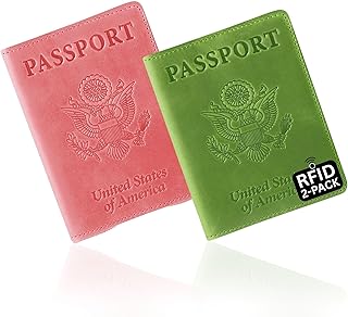 RFID Passport Holder for Travel – PU Leather Passport Cover and Card Holder for Men & Women – Slim Passport Holder with Card Protector Slot, Travel Must Haves (Pink - Lime Green)