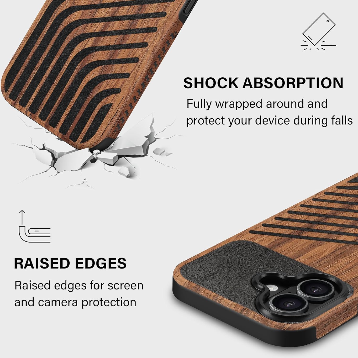Rugged Case Compatible with iPhone 17 Case, (Natural Wood & Leather & Carbon Fiber Hybrid) Slim Phone Cover, Chord - Image 3