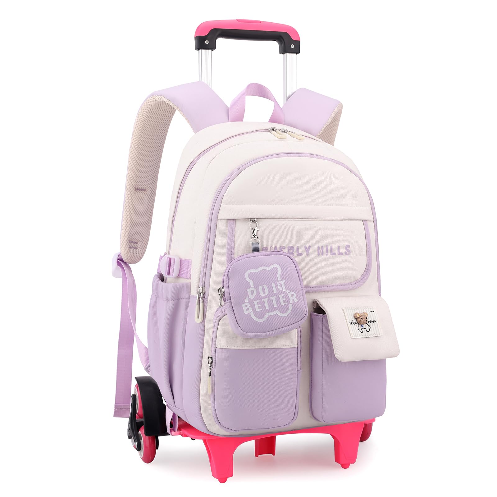 IvyH Zaino scolastico con trolley per ragazze, zaino con ruote per adolescenti, set 2 in 1 con zaino rimovibile e trolley con 6 ruote, per scuola elementare e media, Lilla, Mittelgroße, Classico