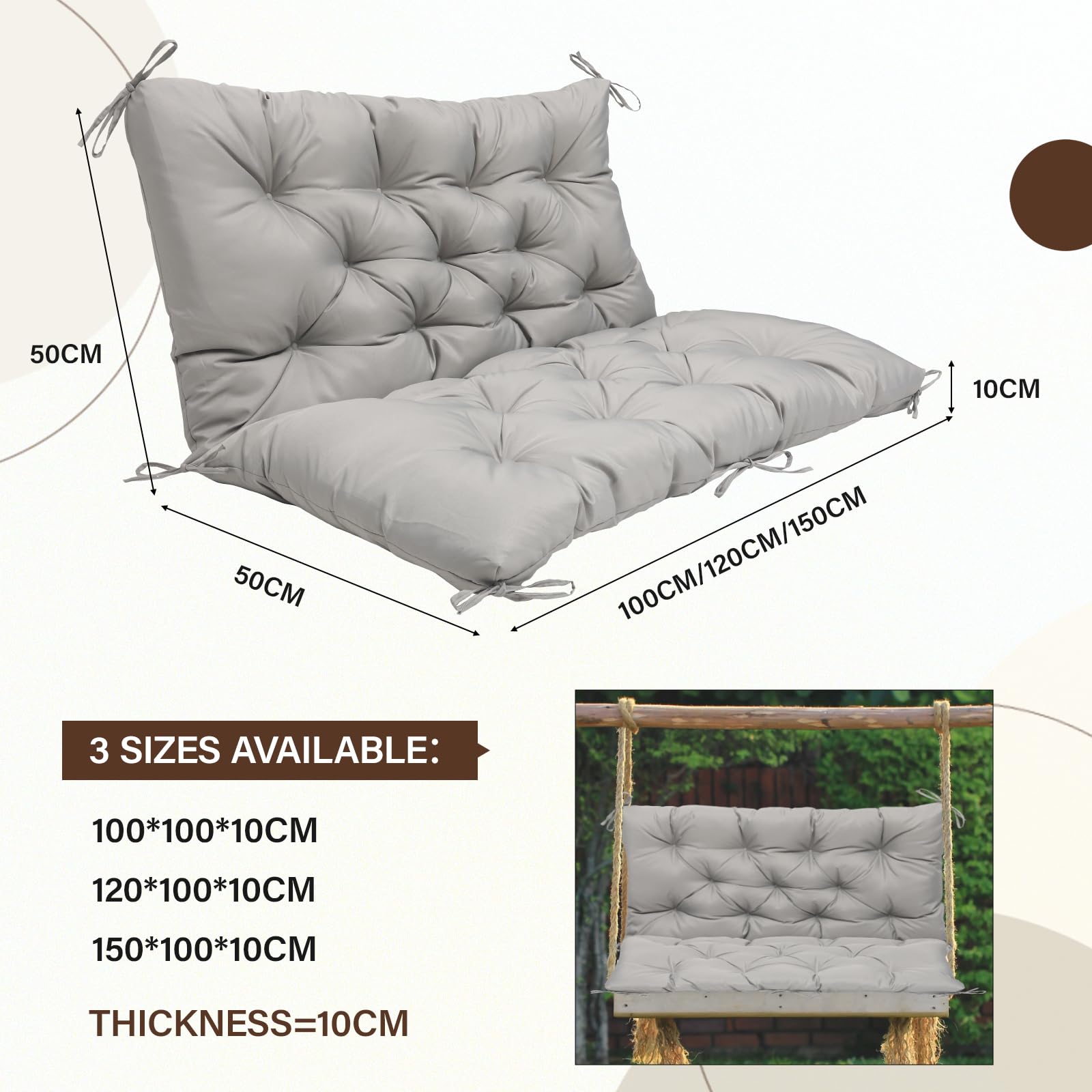 Gartenbank Auflage mit Rückenlehne, 100x50x50 cm, Sitzauflage Bank Outdoor Wasserabweisend, Sitzkissen für Hollywoodschaukel & Gartenmöbel, Grau