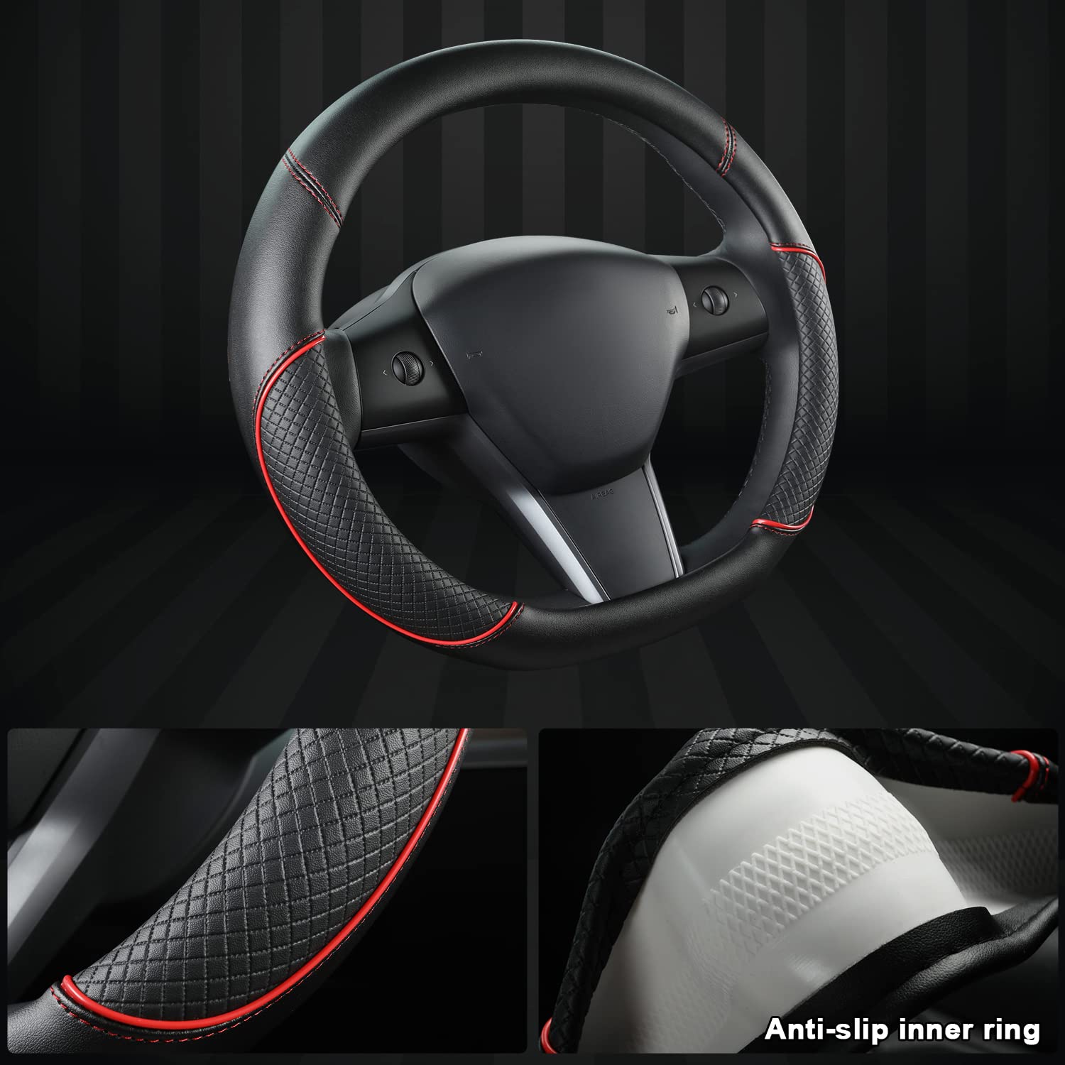 GIANT PANDA Housse de Volant en Cuir PU Compatible avec Tesla Model 3 / Tesla Model Y,Volants Forme D - Noir + Rouge