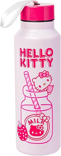Silver Buffalo Hello Kitty Kawaii - Botella de agua de acero inoxidable con correa, 27 onzas