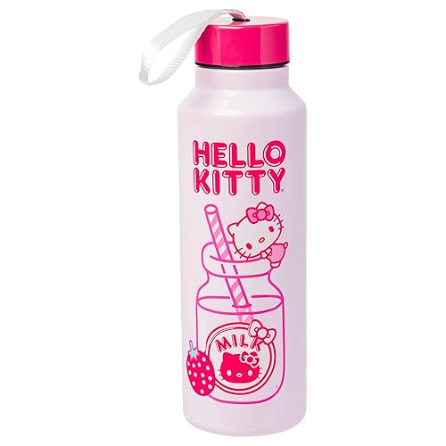 Silver Buffalo Hello Kitty Kawaii Strawberry Milk Pink Stainless Steel Water Bottle with Strap, 27 Ounces