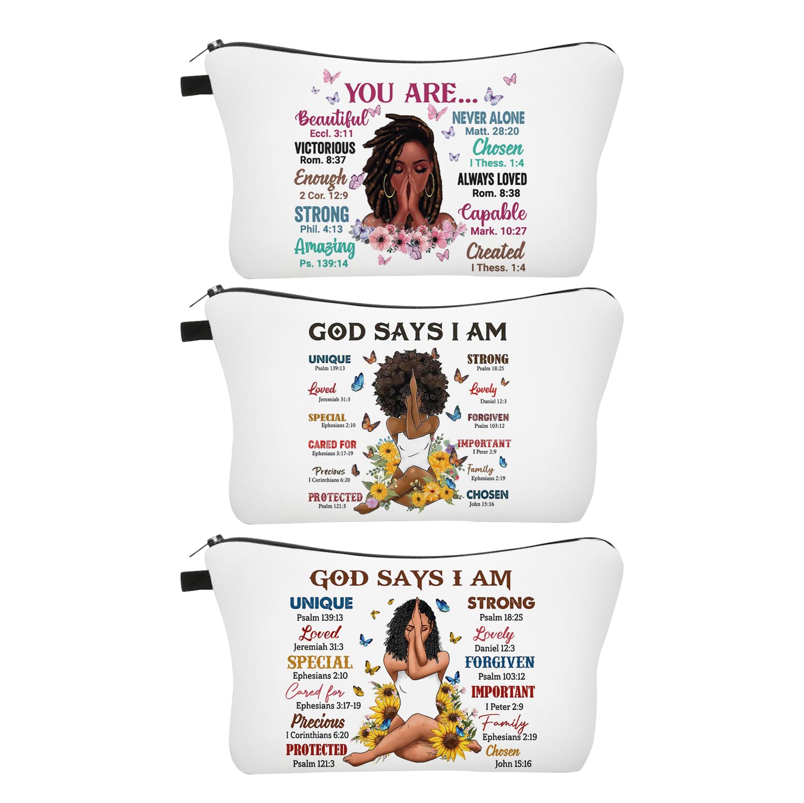 Christian Gifts for Women, 3 Pack African American Makeup Bag for Purse, Afro Black Cosmetic Bags for Women, Inspirational and Funny Gifts, Small