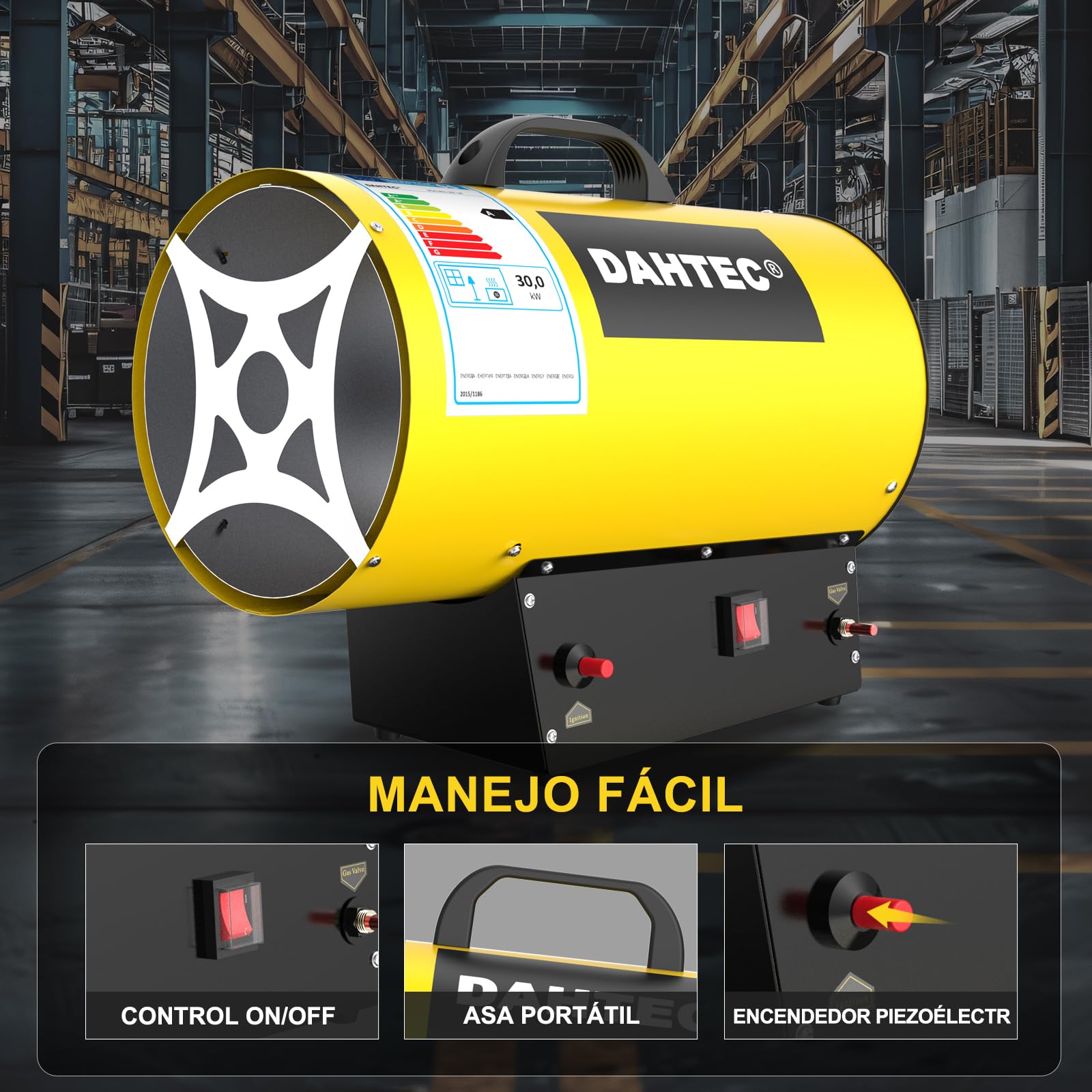 Calefactor de Gas Auxiliar 30 kW - Cañón de Calor - Radiador Soplante de Gas - Calefacción Radiante Con Ventilador - Soplador de Aire Caliente para Obras, Amarillo