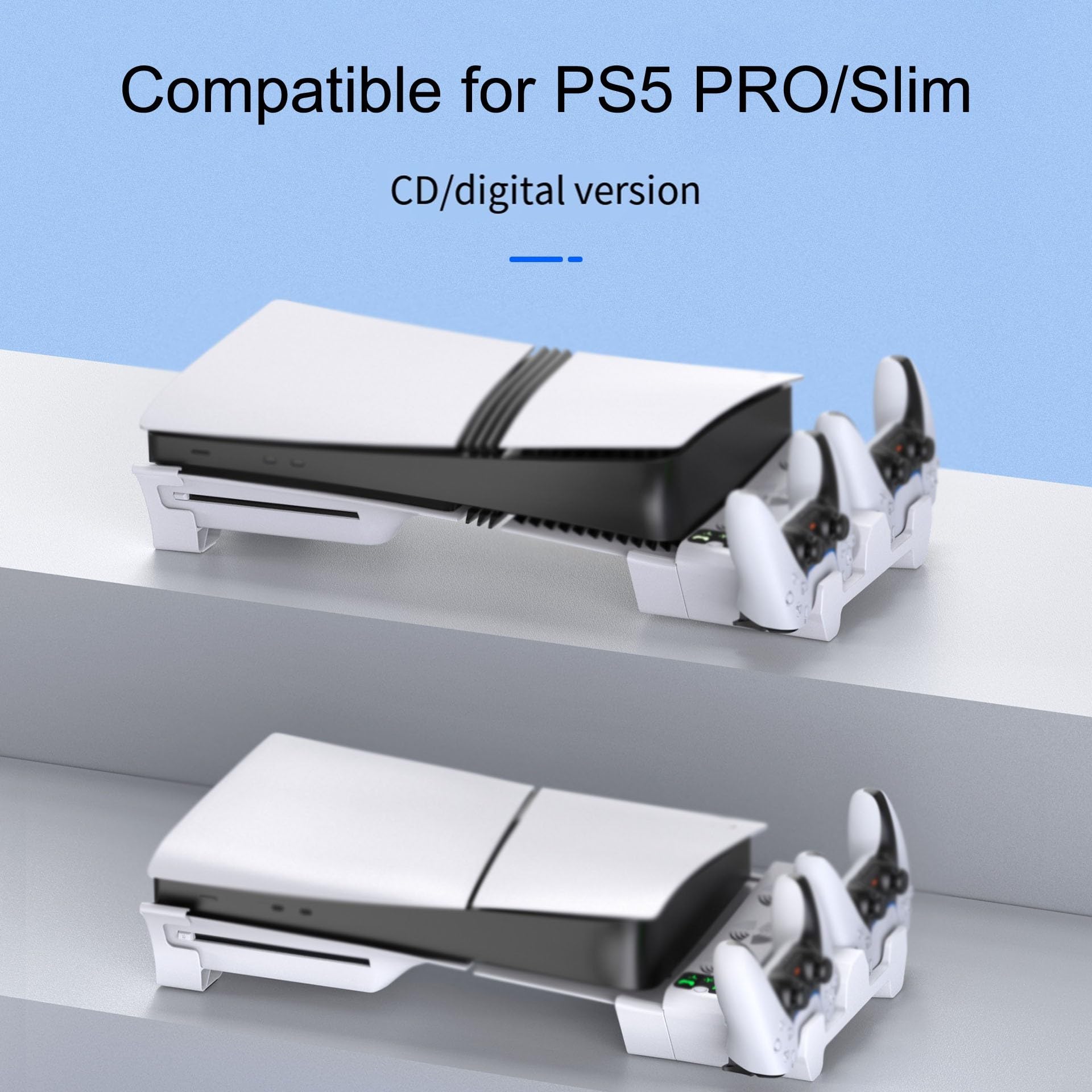 Supporto di raffreddamento orizzontale per PS5 SlimPro, ventola a 3 livelli e caricabatterie doppio controller, base di raffreddamento multifunzione per controller di gioco, accessorio