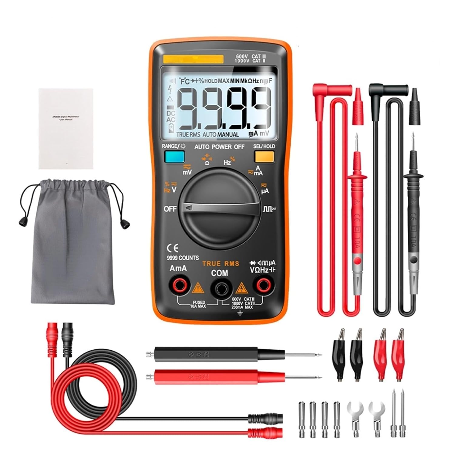 Digital Multimeter Autoranging, True-RMS Multimeter Leads Probes Clips for AC DC Voltage Ammeter Current Ohm Meter