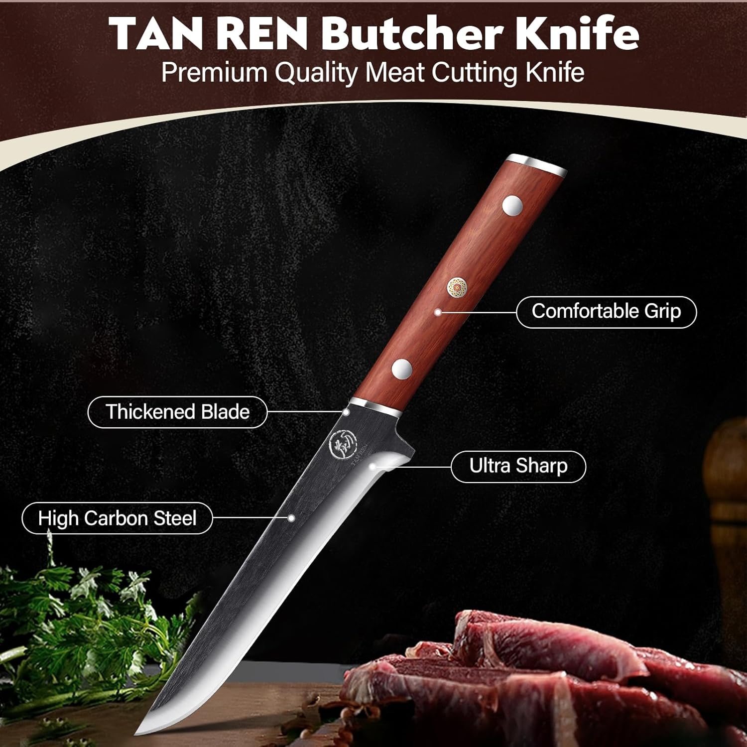 TAN REN 8 Inch Butcher Knife and 6 Inch Boning Knife for Meat Cutting, High Carbon Steel Boning Knife, Meat Carving Knife, Full Tang Viking Knife Meat Cleaver, Men Gifts Ideas