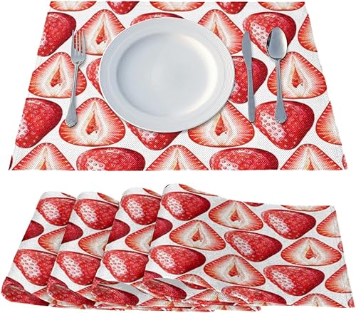 Miniatura 2 de Juego de 4 manteles individuales con textura de comida de fresa, lavables, impermeables, para decoración de mesa de comedor, 18 x 12 pulgadas