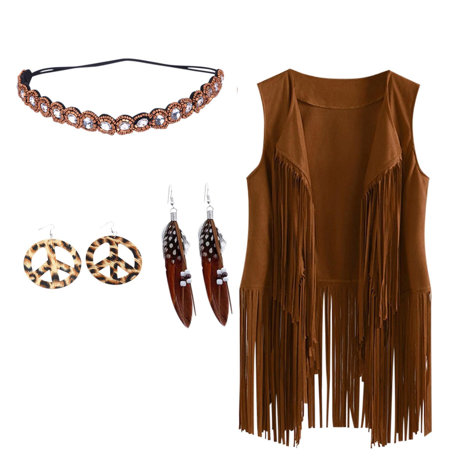 4 Piezas de Disfraz de Hippie Mujer, Accesorios Hippie Disfraz Años 70 Chaleco Chaleco de Verano para Mujer, Chaleco con Flecos para Fiesta Hippie Carnaval Halloween Navidad