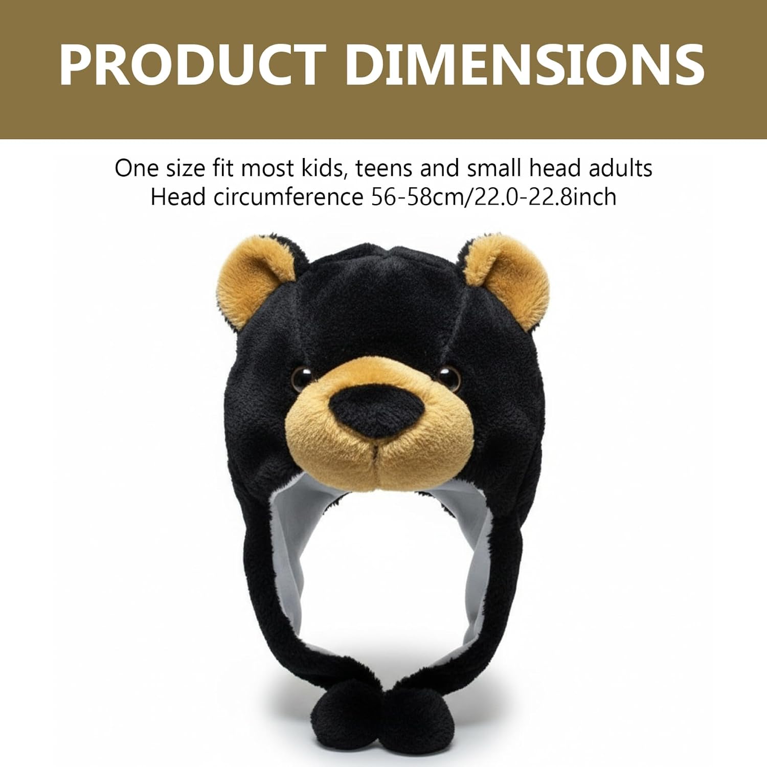 Bear Hat Unisex Plush Ear Flap Bears Winter Hat Cozy Fleece Warm Winter Animal Beanie for Kids Teens Adults Black
