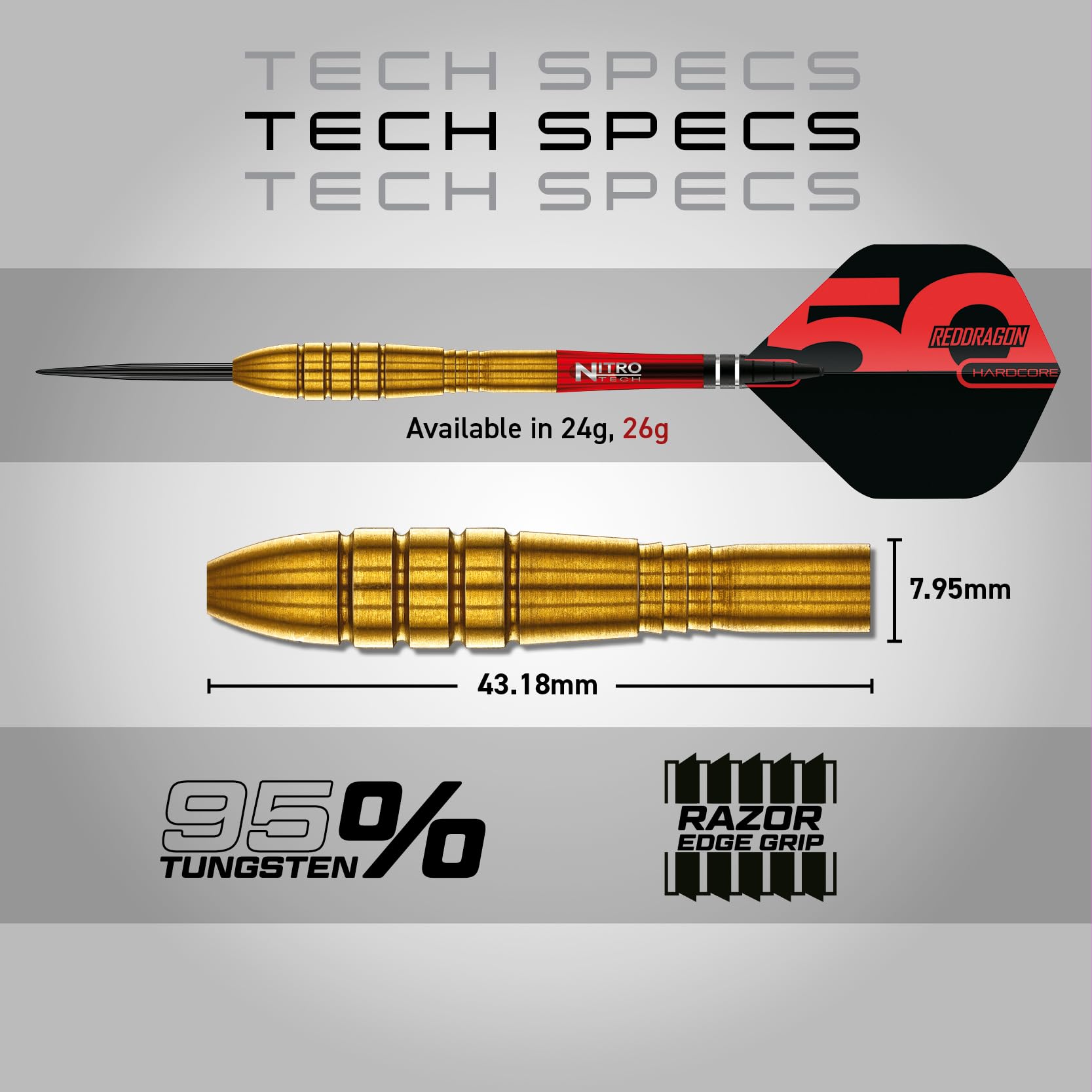RED DRAGON Darts - Collection Classiques 50 Ans - Virgin Series - 95% Tungstène - Jeu de fléchettes à Pointe en Acier Professionnel - Comprend des ailettes et des tiges - Disponible en 24g & 26g