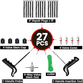 GRAND PITSTOP 27 Pcs Universal Tire Repair Kit, Heavy Duty Car Emergency Tool Kit for Flat Tire Puncture Repair, Compact Kit for Autos, Cars, Motorcycles, Trucks, RVs, etc. (15 Strips)