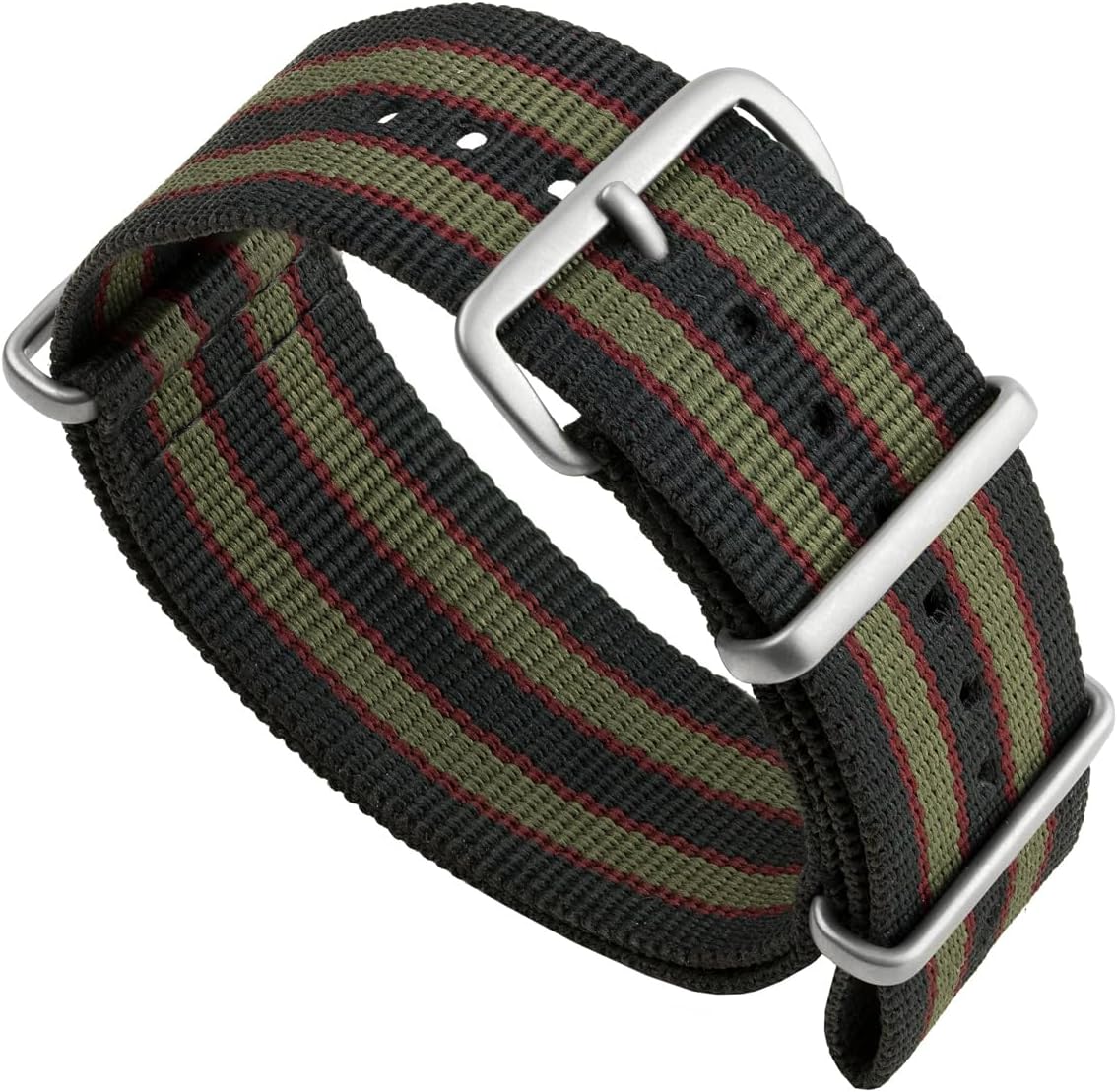 Geckota Vintage Bond 1973 British Military Nylon Mens Replacement Watch Strap. Dark Blue, Red and Olive Green Stripes. Rugged, Quick-Drying and Secure Wristwatch Strap - 18mm, 19mm, 20mm, 22mm
