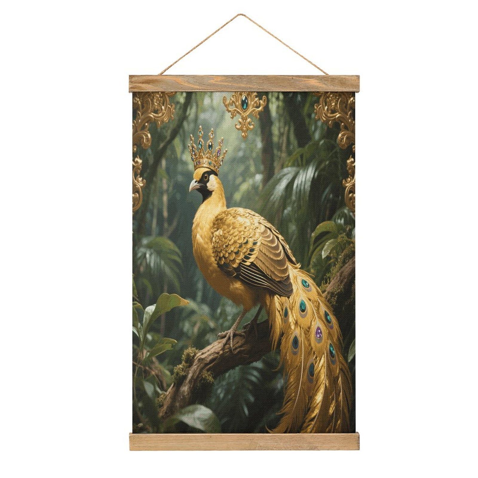 VstaDank Golden Bird Hanging Poster with Wooden Frame Modern Linen Hanging Painting Retro Style Wall Decor Art Painting for Living Room,Bedroom Decor Poster Frame 20.4x13.1inch
