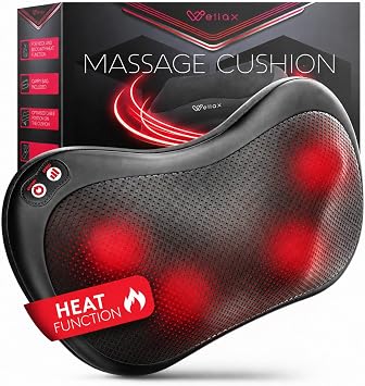 Wellax Relaxing Massage Cushion with Heating Function and 360  Rotation, Shiatsu 3 Speed Shoulder and Back with Extension Strap, Neck Massager Black