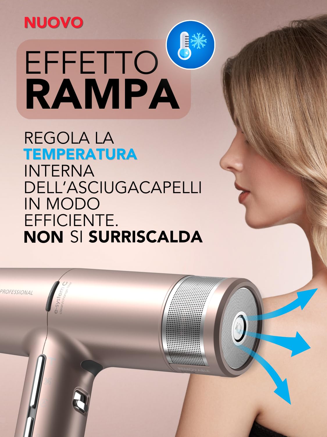 GA.MA Italy Professional, Asciugacapelli iQ3 Perfetto, Phon Ultraleggero con Motore Brushless da 110.000 giri/min, Tecnologia Stand-by e Funzione Turbo, 1600 W di Potenza, Gold Rose