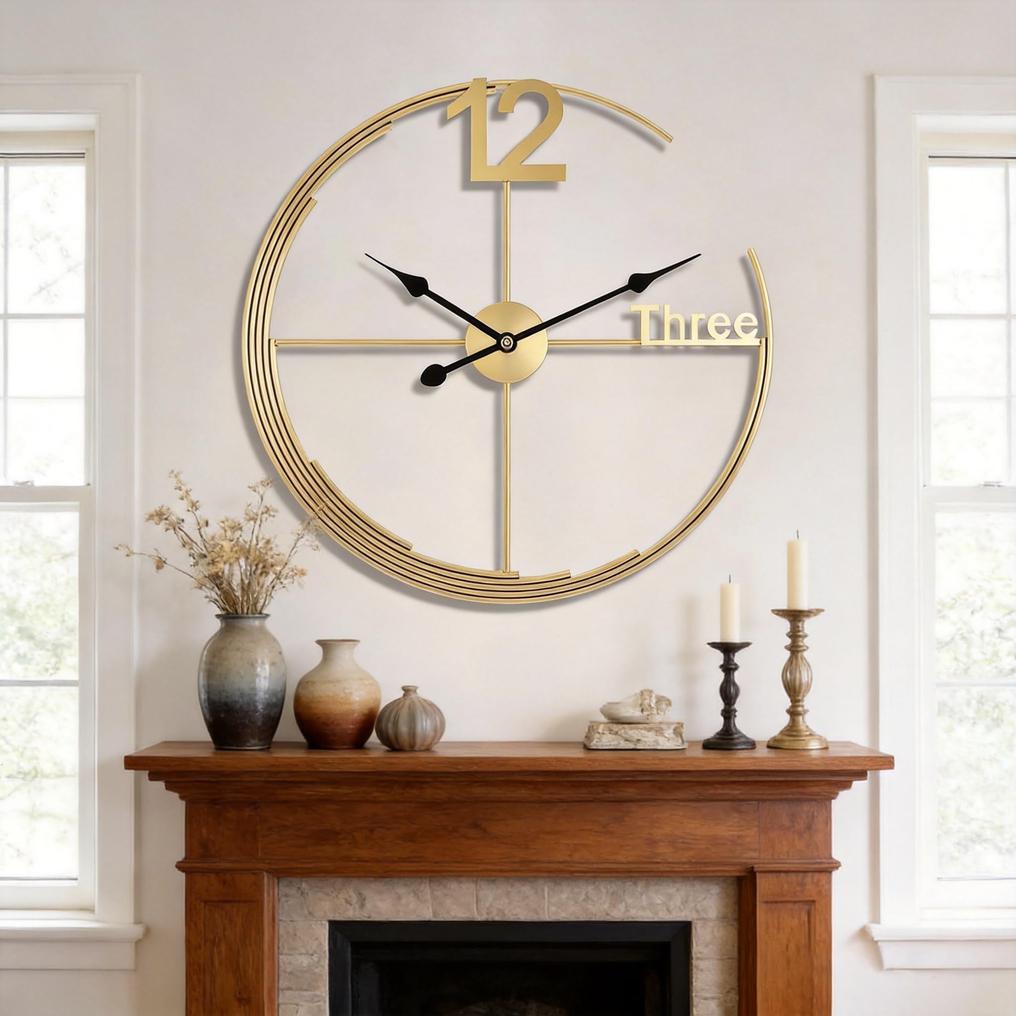 Large Gold Wall Clock,Modern Minimalist Wall Clock Round Silent Non-Ticking Battery Operated Decorative Clocks for Living Room/Entryway/Kitchen/Bedroom/Office/Home Metal Wall Decor 24 inch