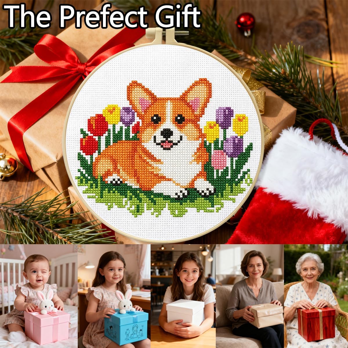 Zhenqing Corgi Cross Stitch Kit with Tulips, 11CT Printed White Cotton Fabric 24x24cm, Complete Embroidery Set with 20cm Hoop for Beginners(70790)