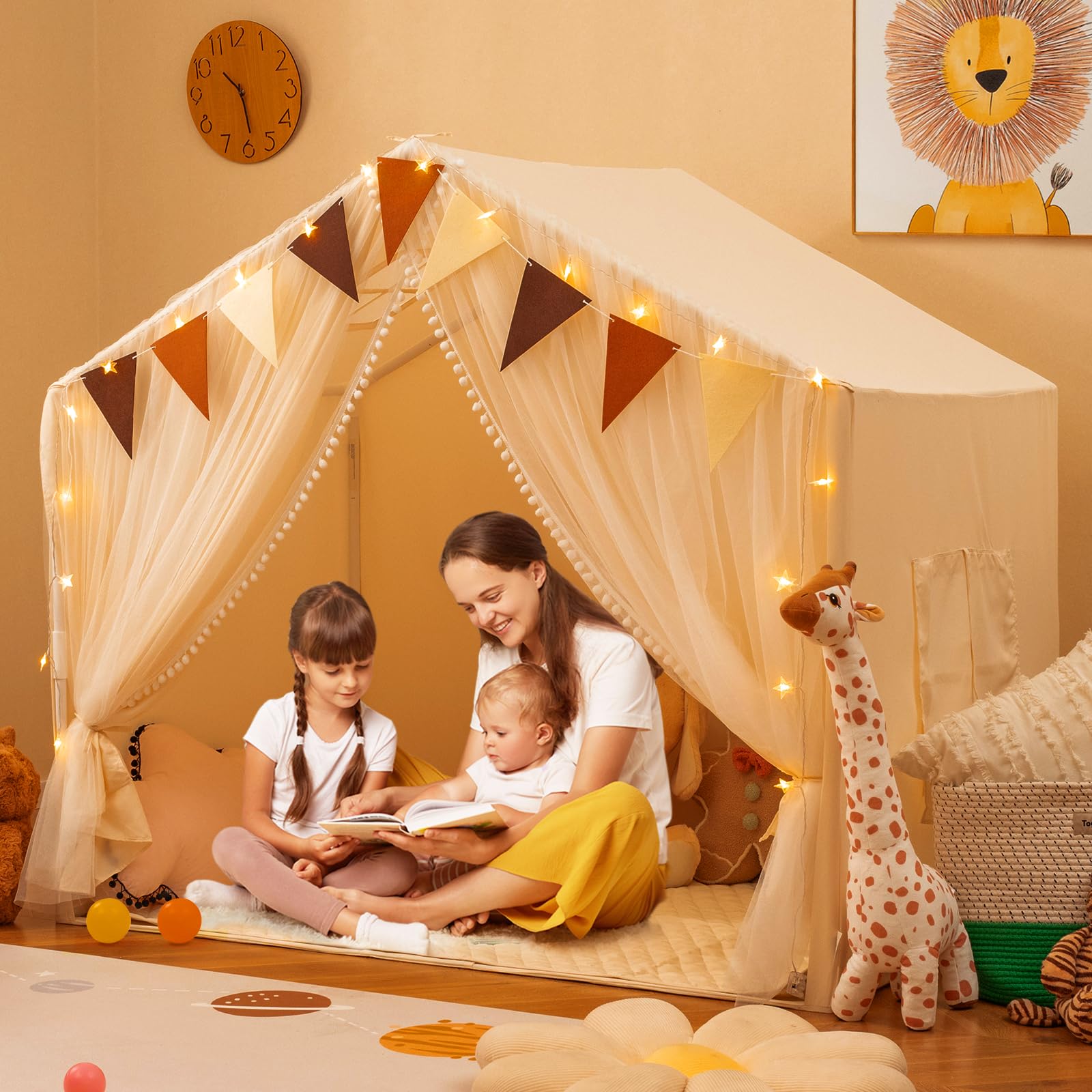 GOPLUS Spielhaus Kinder Indoor, Spielzelt groß mit Vorhängen, Fenstern, Sternenlichtern, bunten Flaggen & gepolsterter Matte, waschbares Kinderzelt für Mädchen & Jungen ab 3 Jahren (Beige)