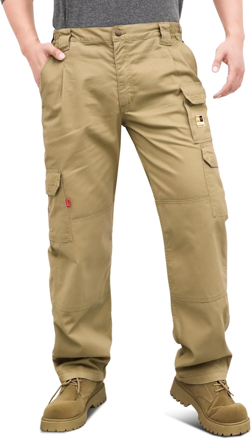 KONRECO FR Pants for Men Cargo Pockets Flame Resistant 7.5oz 100% Cotton Elastic Waist Work Pants