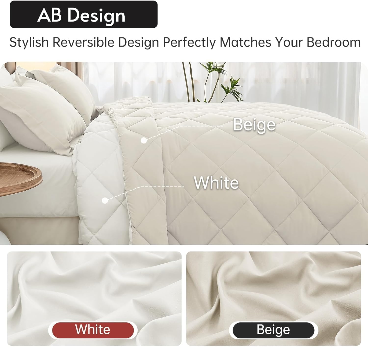 MUXHOMO 7 Pieces Full Comforter Set, Reversible Bed in a Bag Full Size, All Season Bedding Set with Comforter, Flat Sheet, Fitted Sheet, Pillowcases & Shams, Beige & White - Image 3