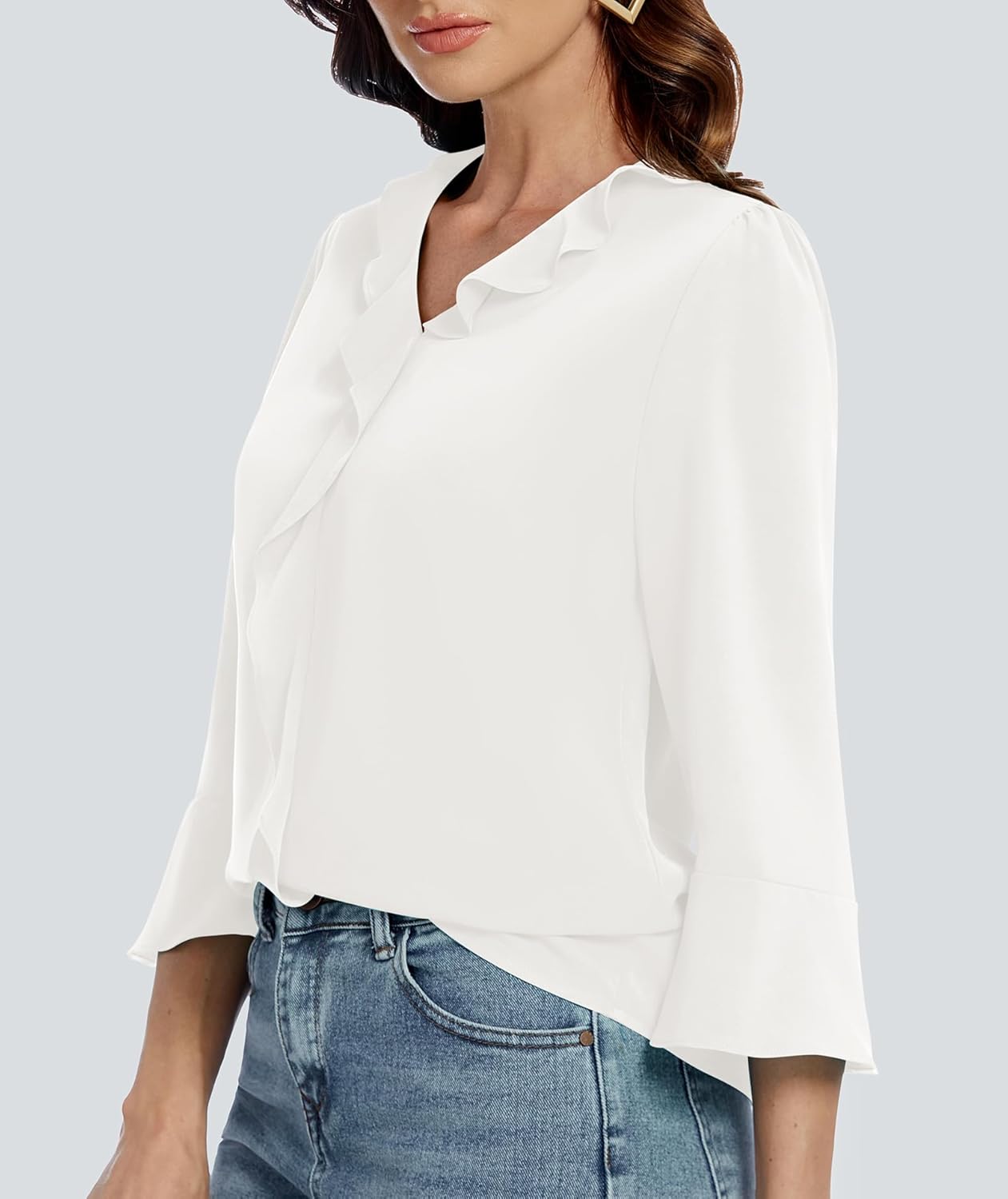 Funlingo Womens 3/4 Length Sleeve Tops V Neck Dressy Casual Blouses Tunic Trendy Business Office Ruffle Work Shirts - Image 2