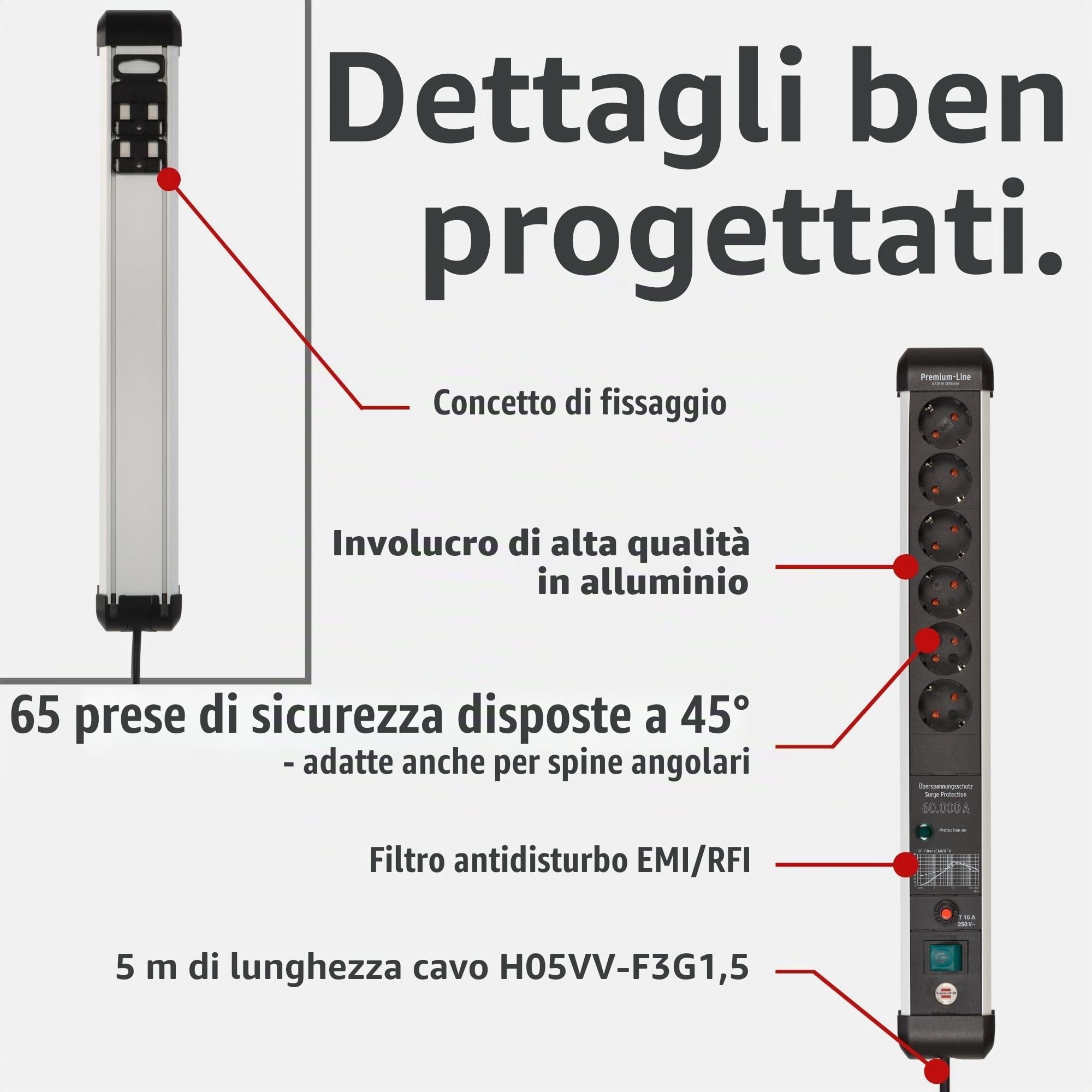 Brennenstuhl Premium Protect-Line - Ciabatta elettrica a 6 prese con protezione contro le sovratensioni 60.000 A (presa multipla con interruttore e cavo da 5 m, Made in Germany) argento/nero