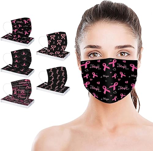 Miniatura 9 de Paquete de 50 mascarillas desechables para concientización del cáncer de mama, máscaras de cinta rosa para mujeres y adultos, protección facial de 3