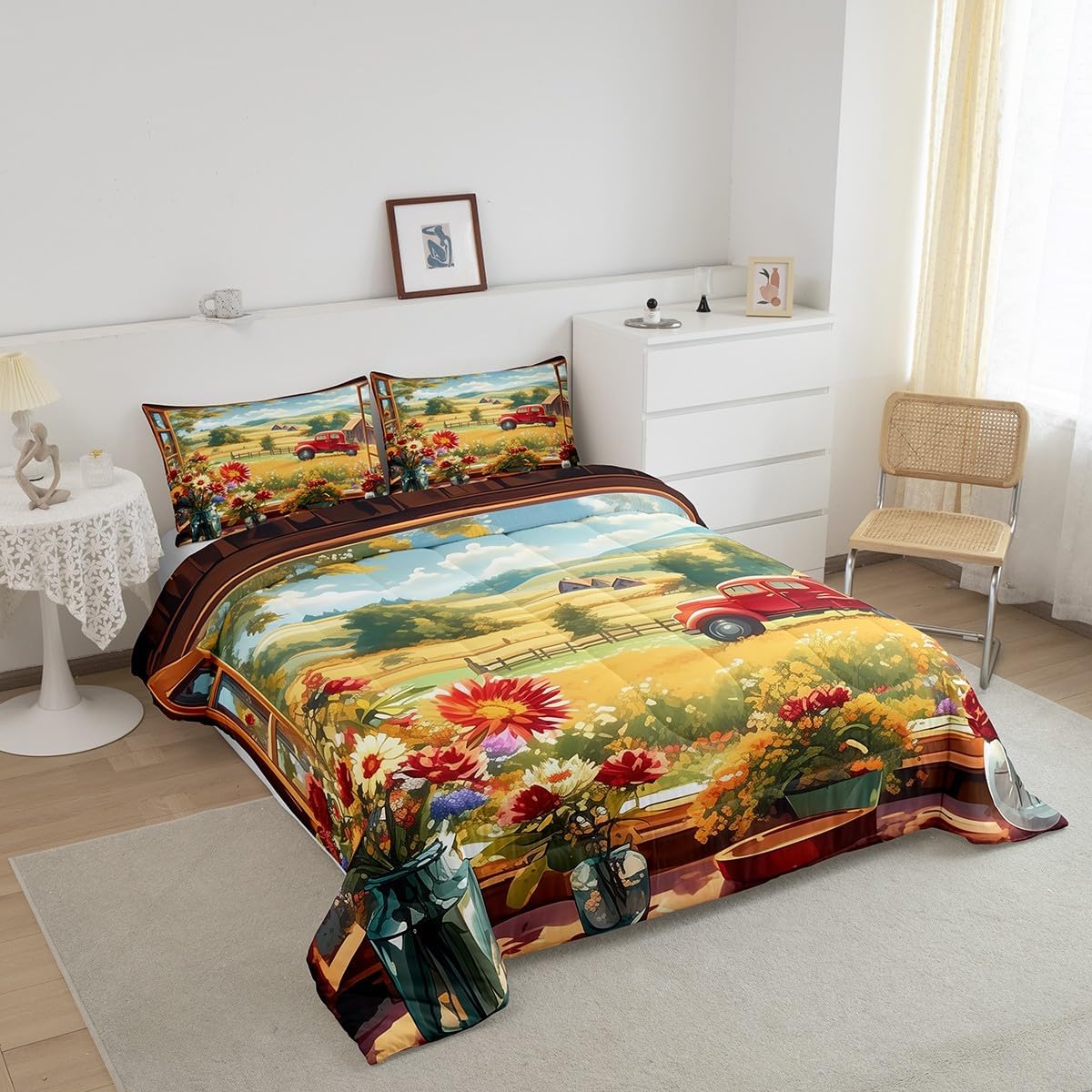 Manfei Red Truck Barn Comforter Set for Kids Rustic Farmhouse Style Bedding Set Blooming Daisy Flowers Bedding Home Decor Orange Green Comforter Full Size 3 Pieces Quilted Duvet Set with 2 Pillowcase