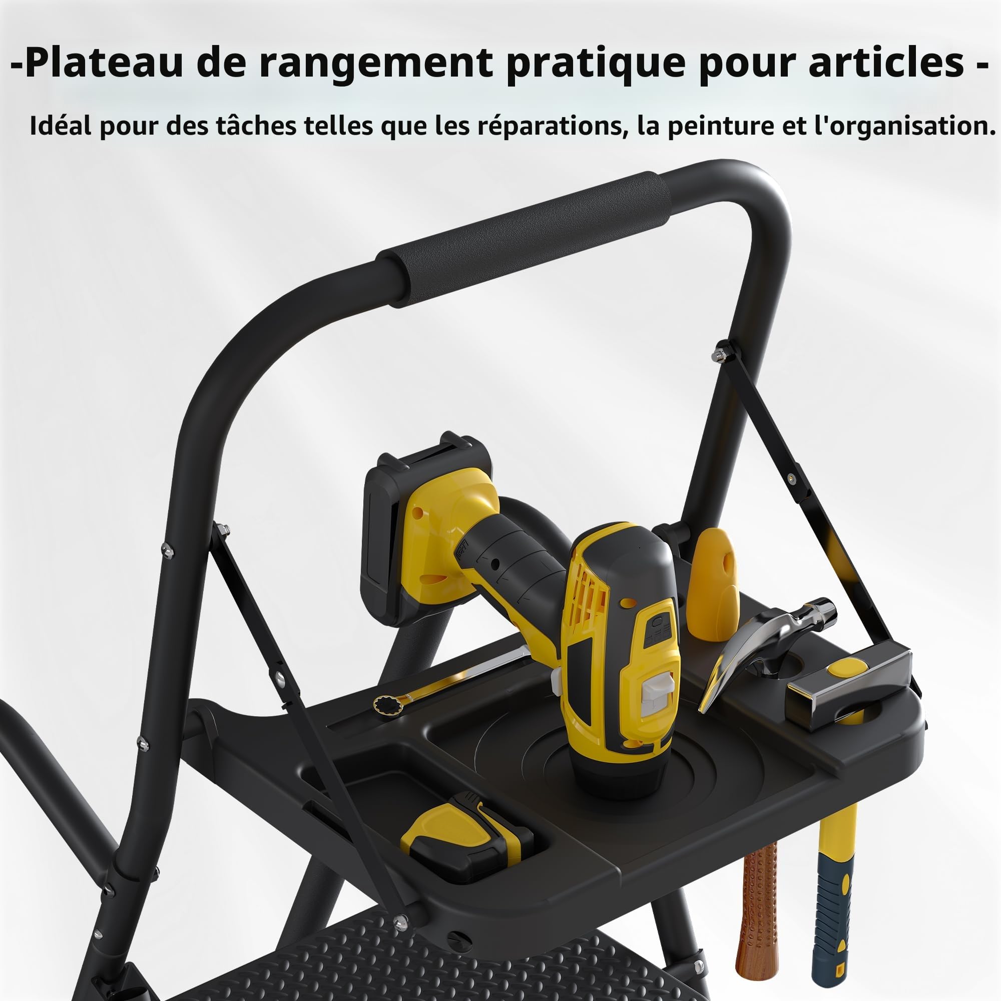 BONTEC Escabeau 5 Marches Pliable en Acier, Charge 150 kg, Marche Pied Antidérapant, Plateforme de Travail avec Plateau Outils, Escabeau avec Main Courante pour Cuisine Atelier Entrepôt, Noir