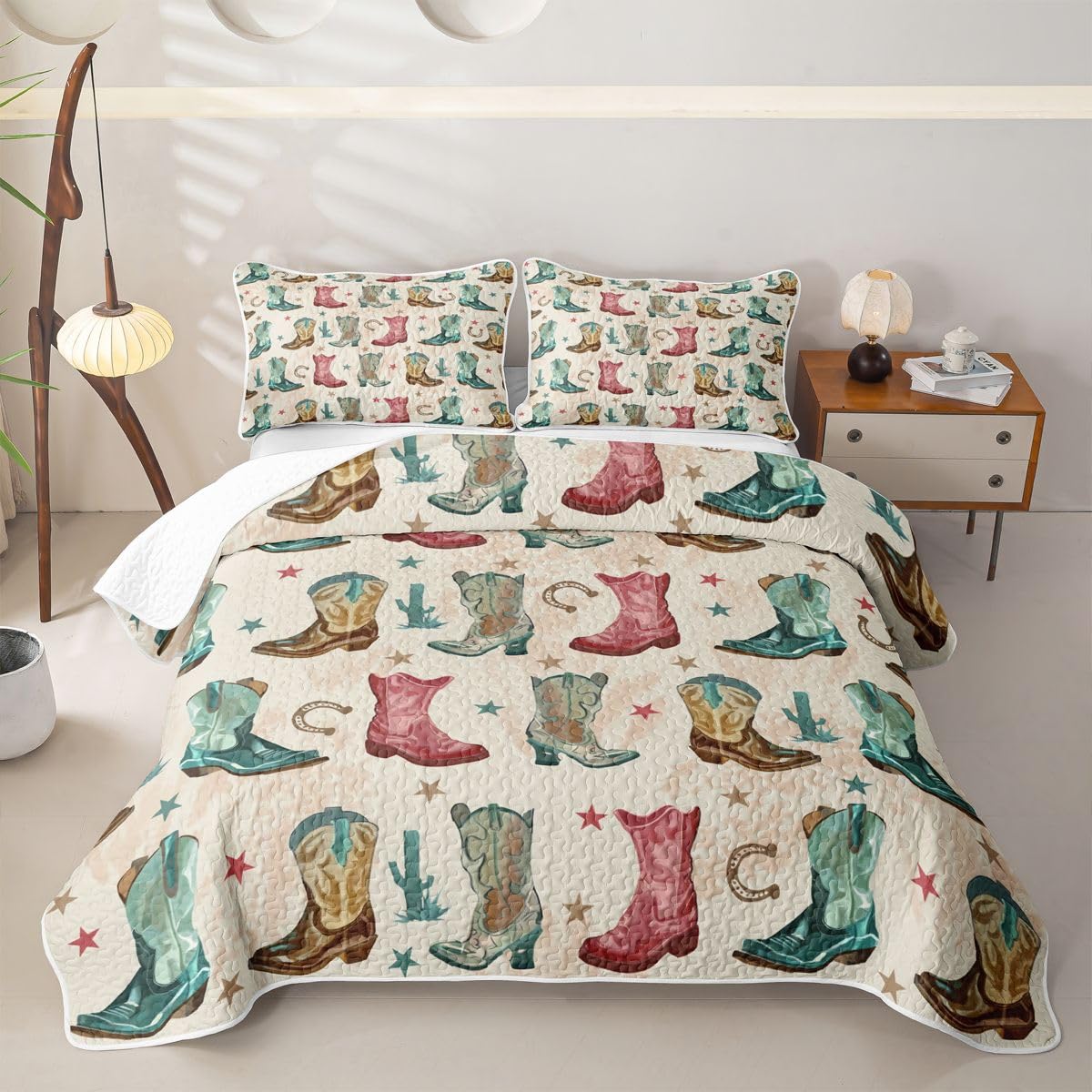 Homewish Beige Cowboys Boots King Size Quilt Set 3 pezzi