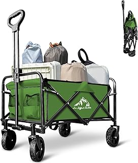 Collapsible Wagon Cart Foldable Portable Heavy Duty Folding Beach Wagons, Outdoor Utility Carts with Large Capacity for Grocery, Camping, Shopping, Fishing, Sports, Garden Green