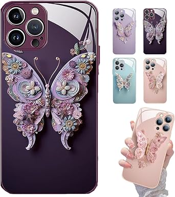 Flat 3D Butterfly Pattern Glass Cover Compatible with iPhone, 3D Butterfly Phone Case for iPhone 14 13 Pro Max Plus, TPU Shockproof Full Protection Phone Cover Dark Purple,For iPhone 14promax