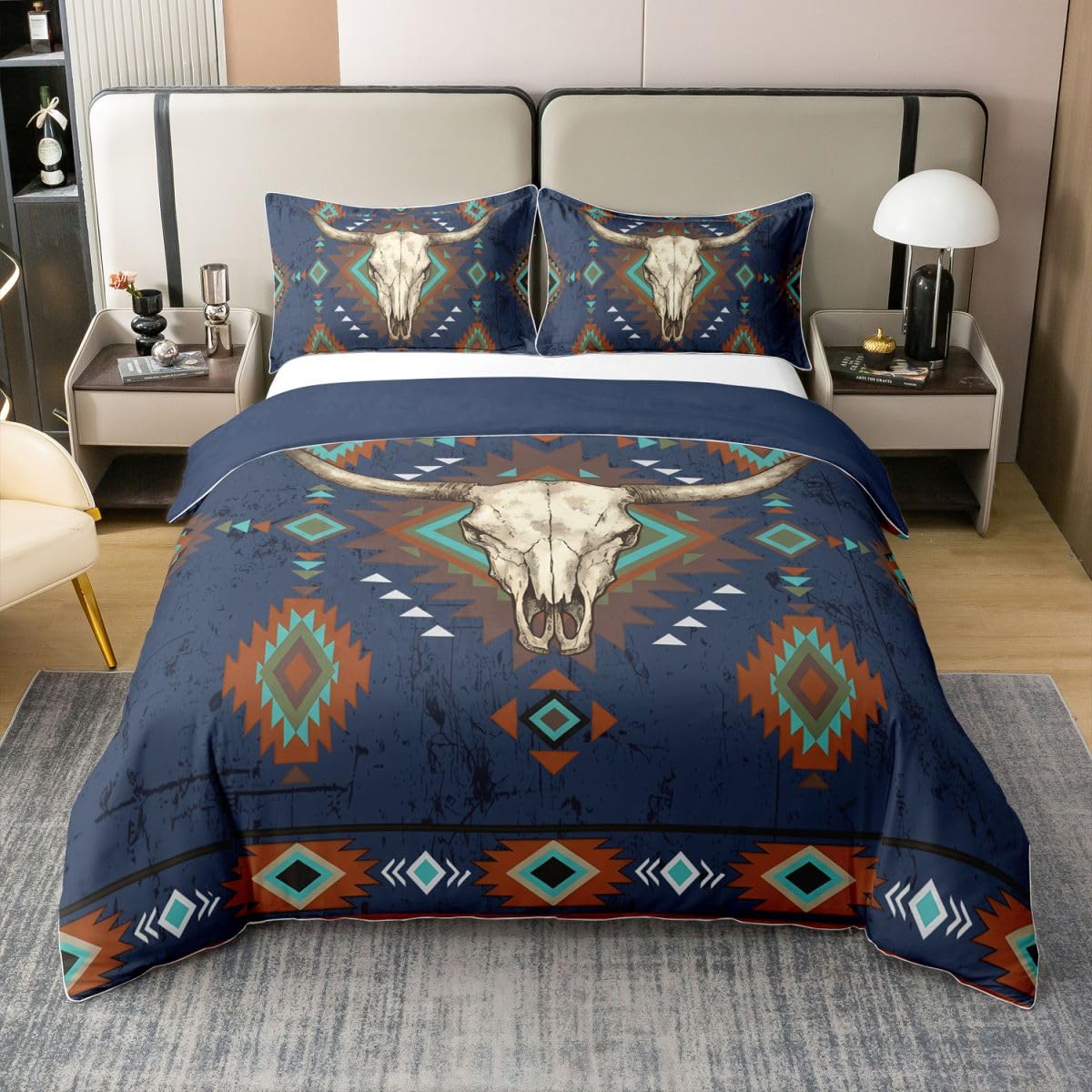 Parure de lit 140x200 coton crâne longhorn housse de couette aztèque tribal enfant