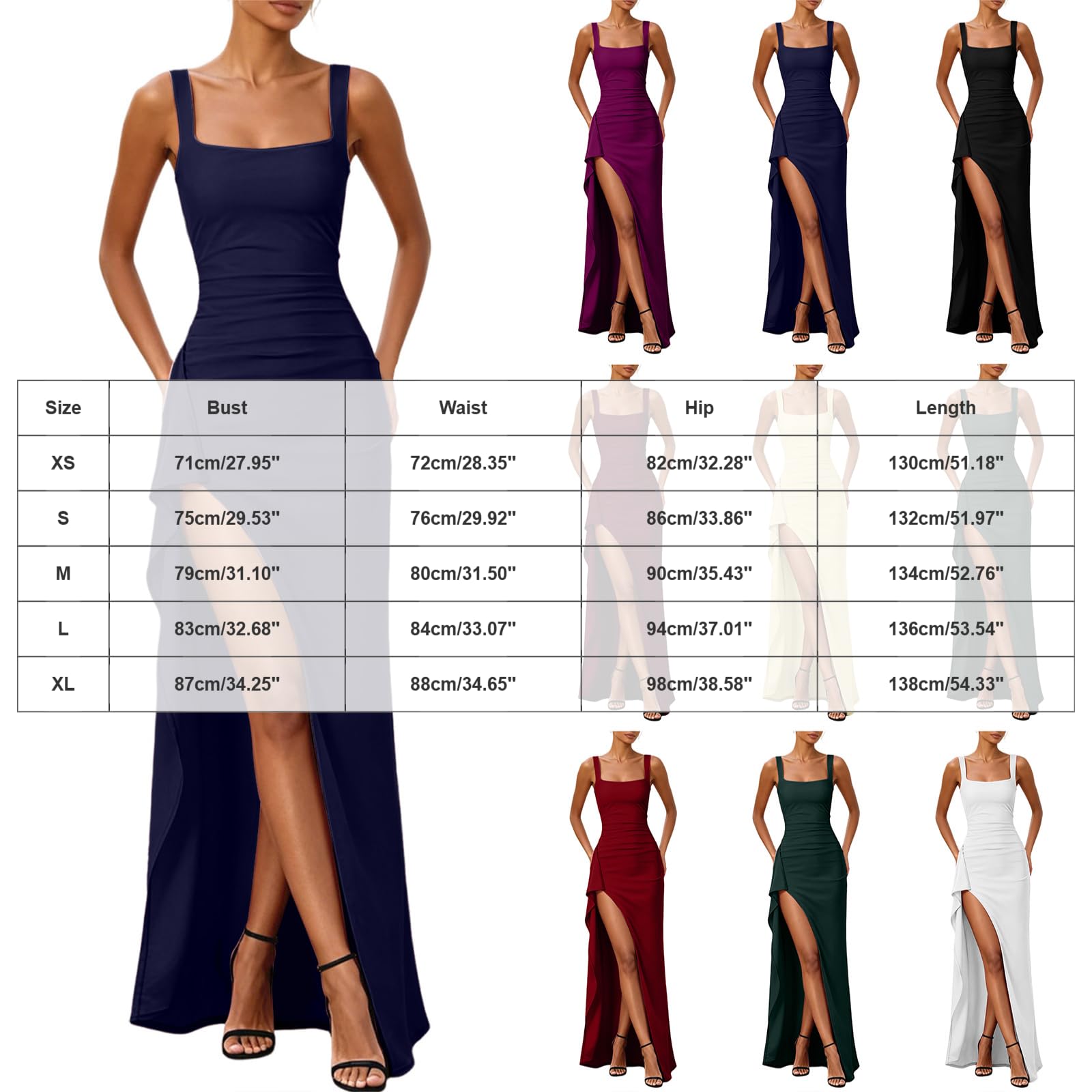 Abito da Cerimonia Donna Vestito Lungo Elegante Scollo all'Americana Spalline Sottili Aderente con Spacco Abito da Sera per Matrimonio Damigella d'Onore Serata Formale Cena di Gala Beneficenza