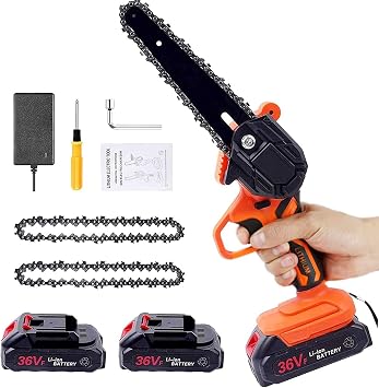 Mini Chainsaw Cordless, 6 Inch Battery Powered Chainsaw Pruning Chain Saw, One-Handed Portable Electric Small Chainsaw for Gardening Tree Trimming and Branch Wood Cutting2x Battery,2x Chain