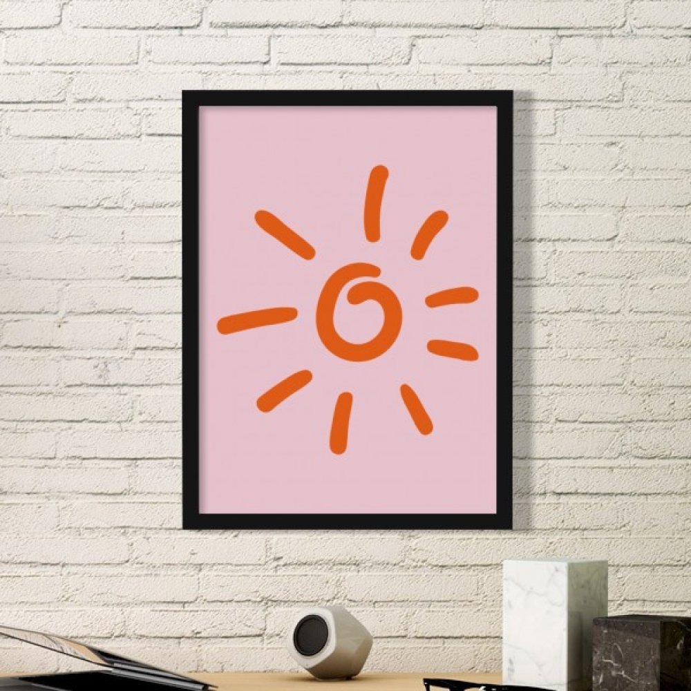 Cadre photo en bois véritable noir et peinture artisanale soleil orange DIYthinker