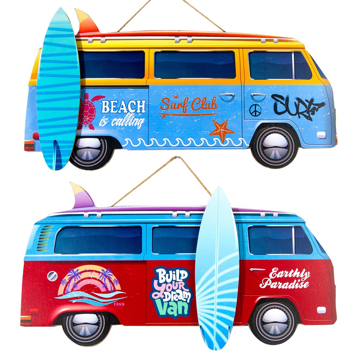 Set de 2 Adornos Pared Decorativos Surferos de Madera Furgonetas con Tablas Surf. Cuadros y Apliques. Muebles Auxiliares. Decoración Hogar. Verano. Regalos Originales. 45 x 2 x 24 cm