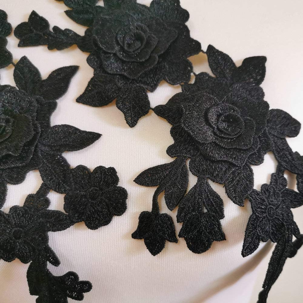 One Pair Embroidery Rose Flower Sew On Patch Dress Hat Bag Jeans Applique Crafts Clothing Accessories (Black)