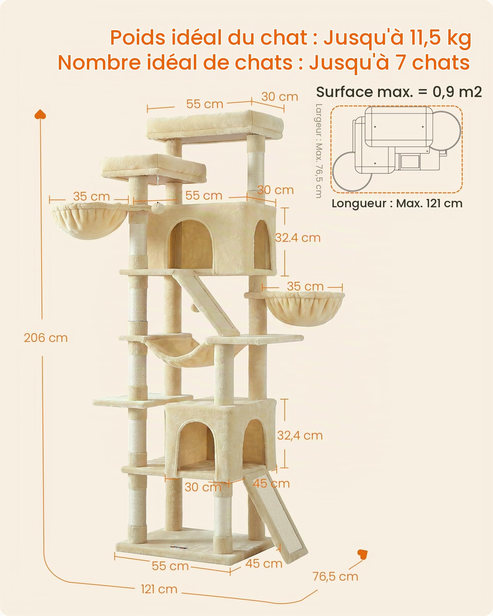Feandrea Arbre à Chat XXL, Tour d'Activités en Sisal, 7 Zones de Repos avec Griffoir, 55 x 45 x 205 cm, Beige, pour Multi-Chats, Collection Clawfy PCT021Y101