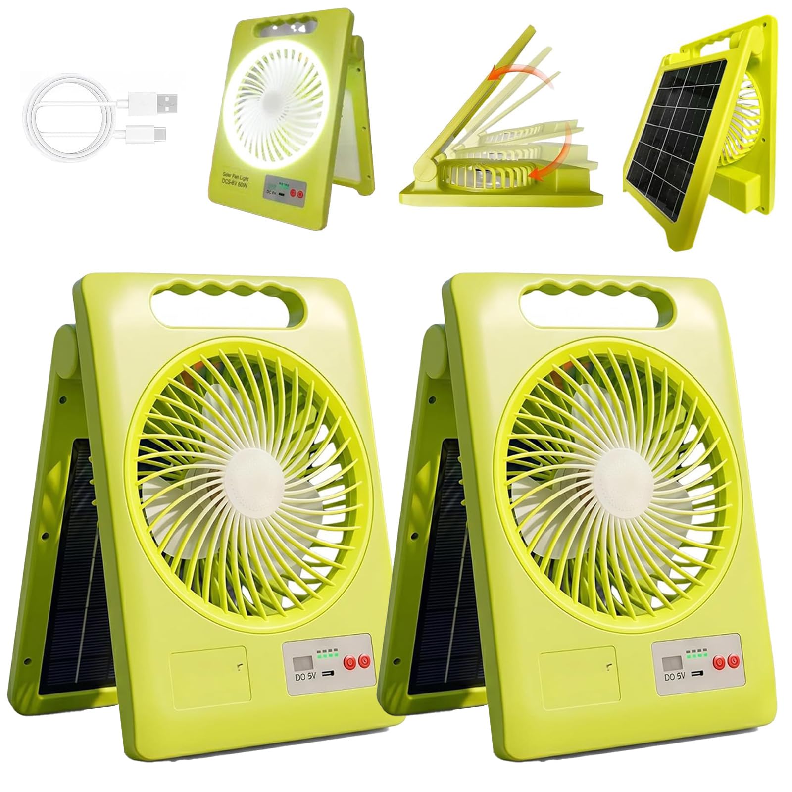 2-in-1 Solar-Campingventilator mit LED-Licht, 2400-mAh-Akku, Faltbare Zeltlampe mit USB-C- und Solarladung, Powerbank für Stromausfall und Outdoor (2PCS-FAN)