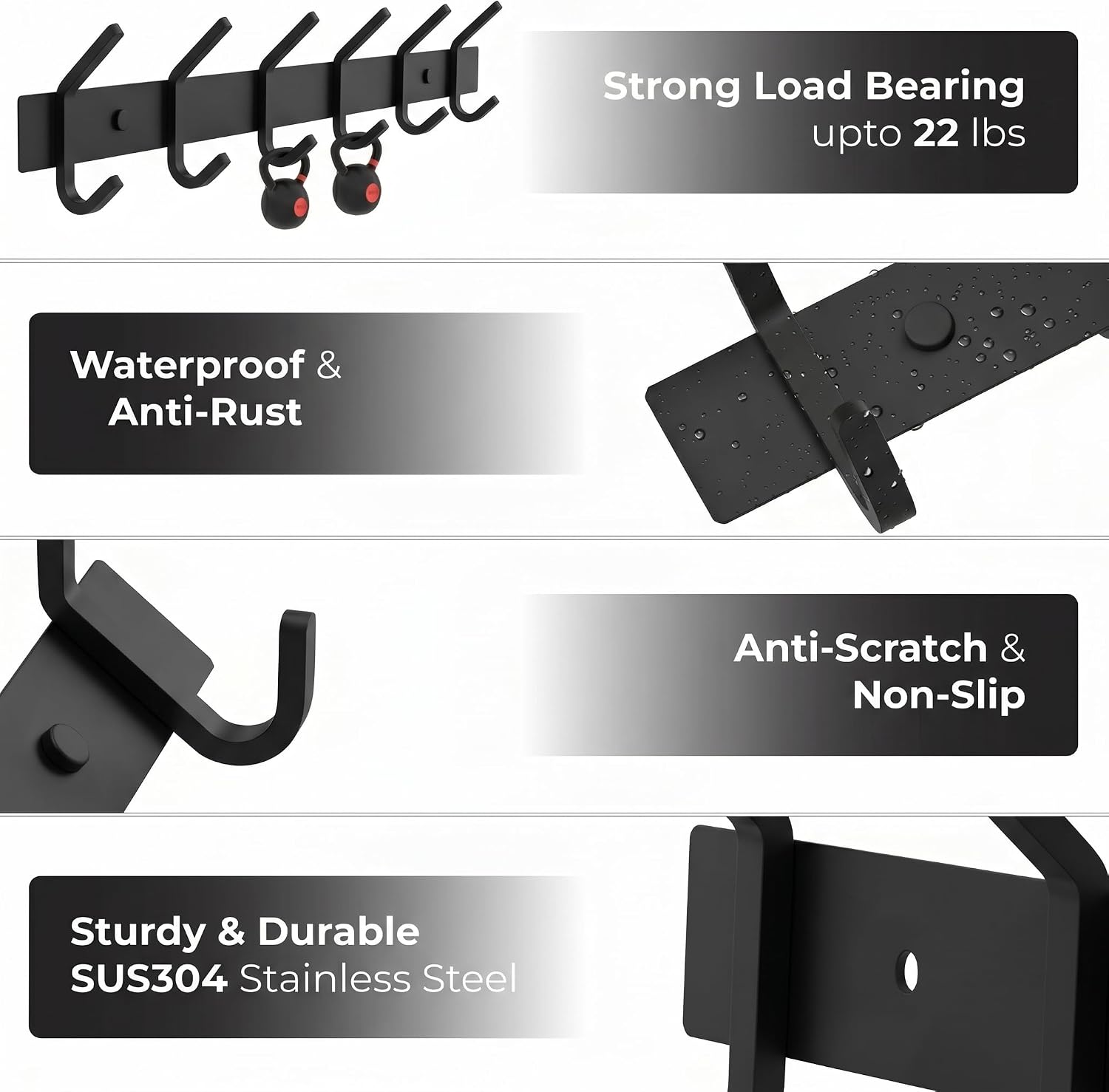 Coat Rack Wall Mount – 17 Inch Stainless Steel Hook Rail with 6 Double Coat Hooks for Hanging – Wall Mounted Entryway Organizer for Coats, Hats, Bags, Towels, Robes, Bedroom or Bathroom - Black image 3