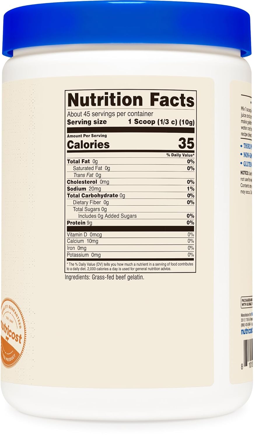 Nutricost Grass-Fed Beef Gelatin Powder (1 LB) Unflavored - 9g of Protein per Serving, GMO-Free, Gluten-Free, 45 Servings